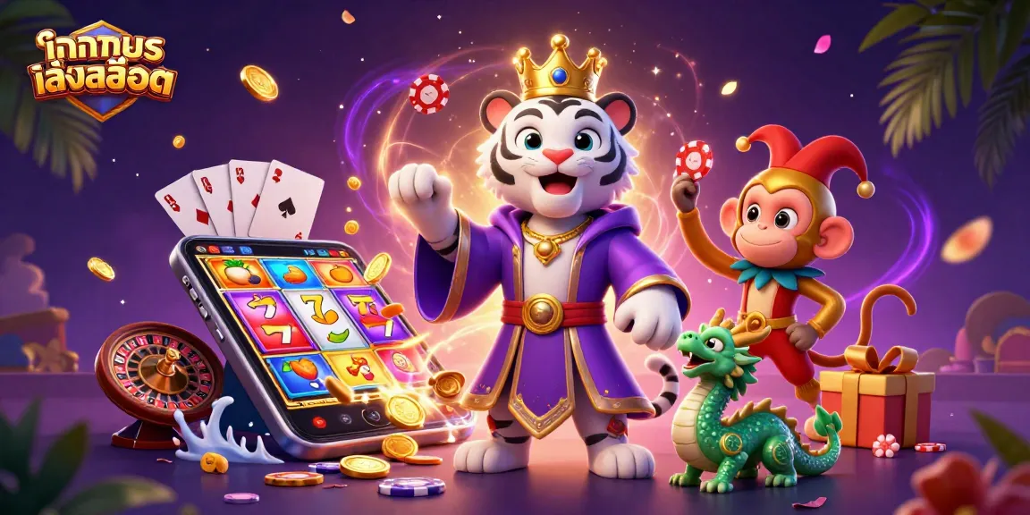 Experience ทดลองเล่นสล็อต with dynamic slot elements in a vibrant 3D casino illustration.