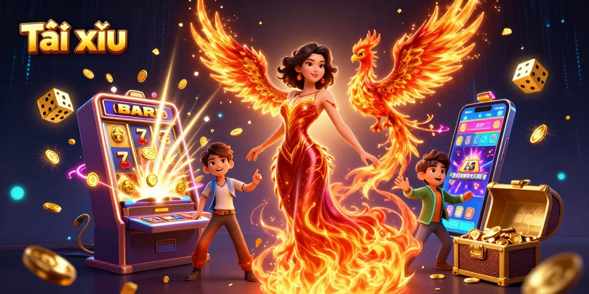 Engage in Tài xỉu with a vibrant 3D digital illustration showcasing a stunning Asian woman, a fiery phoenix, and dynamic gambling elements.