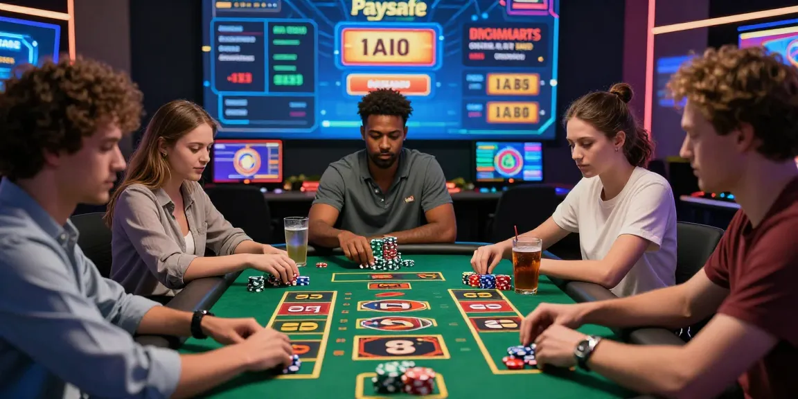 Spannende Paysafe Card Casino-Umgebung mit unterschiedlichen Spielern, die an Online-Spielen teilnehmen und sichere Transaktionen hervorheben.
