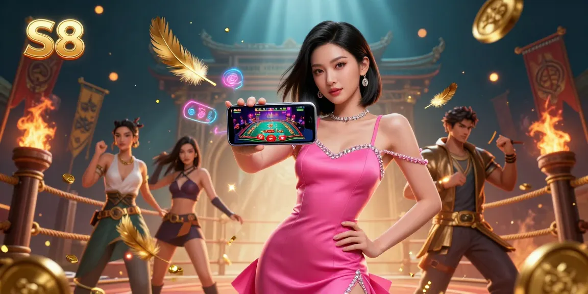 S8 enhances the gaming experience with a stunning woman showcasing live dealer casino action on her smartphone.