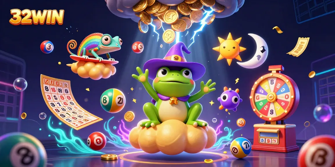 32WIN offers thrilling gaming experiences with dynamic lottery elements and exciting characters in a vibrant scene.