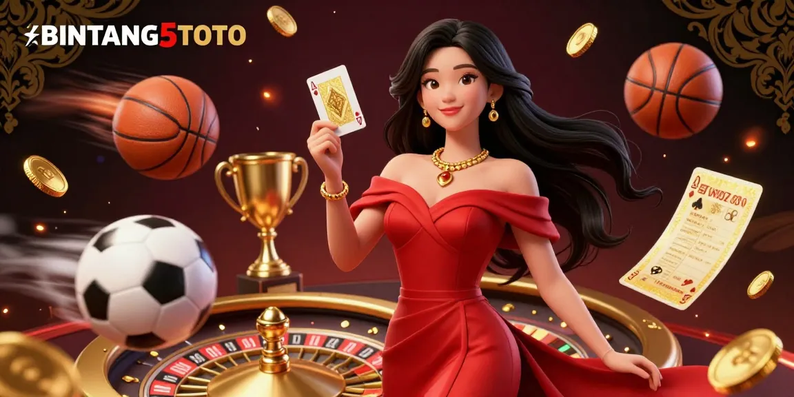 Engage with BINTANG5TOTO through a dynamic 3D illustration showcasing exciting casino atmosphere.