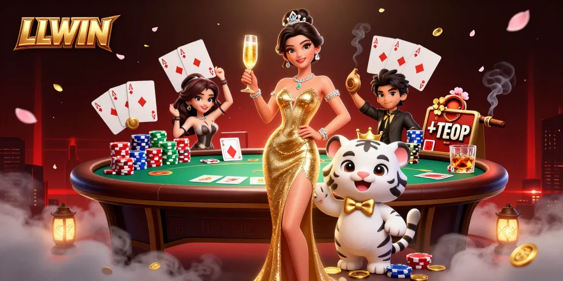 Engage with LLWIN's vibrant casino atmosphere featuring a glamorous woman with a lucky tiger cub.