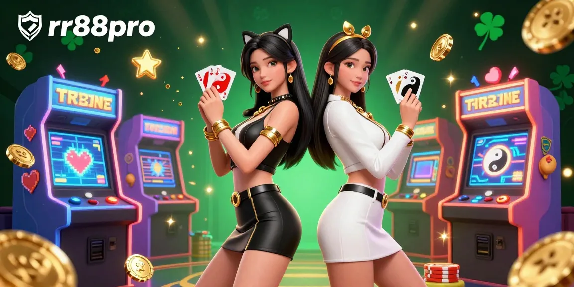 Engage with rr88pro's vibrant 3D illustration showcasing twin Asian women in a dynamic casino scene.