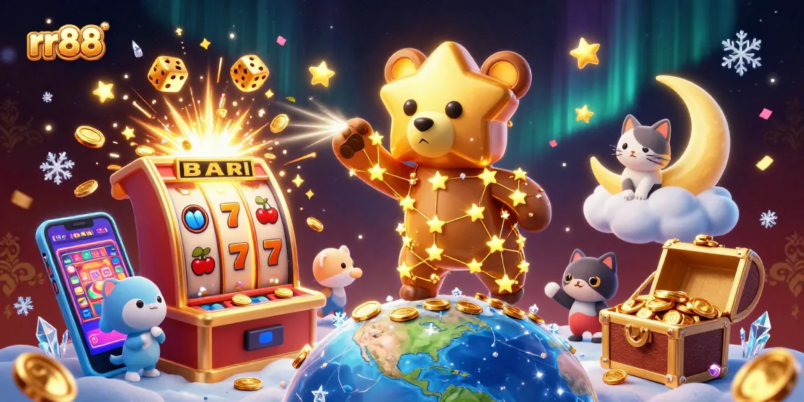 Experience thrilling action at rr88 with cartoon bear scooping coins amidst exploding jackpots and lively casino elements.