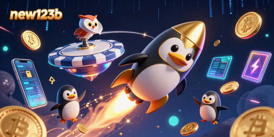 Spin the reels with new123b's gaming excitement, featuring a golden penguin and ethereal coins.