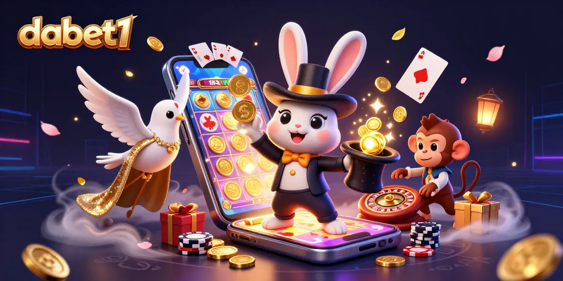 dabet1 features a cartoon magician rabbit and mischievous monkey amidst vibrant gaming elements.