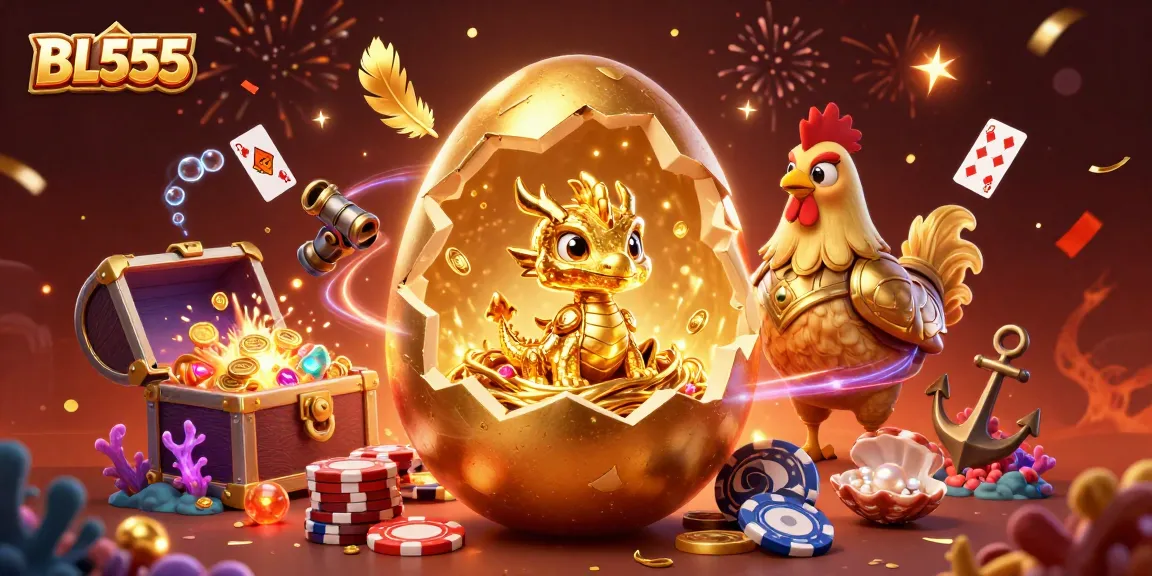 Experience rich winnings at BL555 with a magical baby dragon and golden treasures gleaming in this fantasy scene.