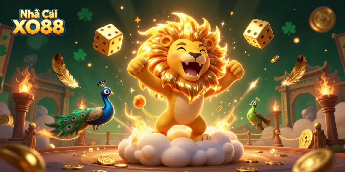 Experience the thrill at Nhà Cái XO88 with vibrant casino scenes and dynamic golden dice.