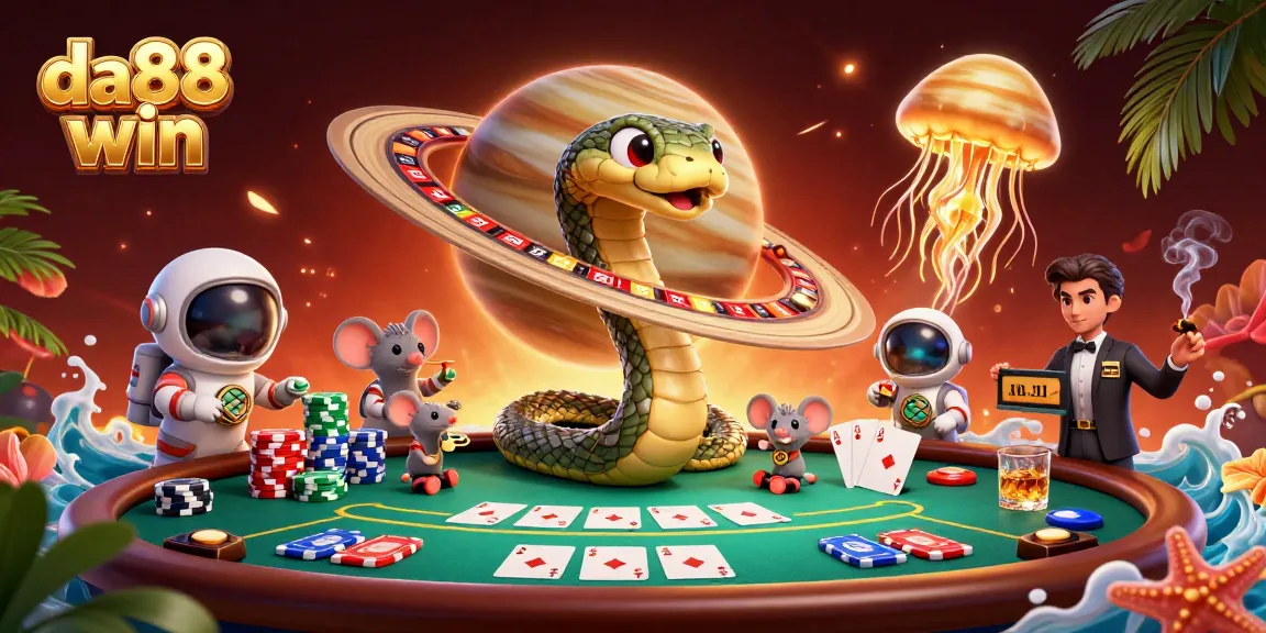 Spin to win at da88 win: A cosmic casino scene with cartoon characters and vibrant gambling elements.
