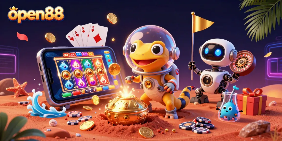Experience thrilling wins at open88 with a Martian gecko uncovering a golden casino in this vibrant illustration.