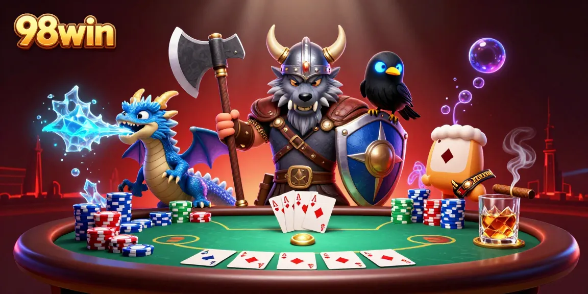 Experience the thrilling excitement of 98win with a Viking warrior, dragon, and poker elements in a dynamic casino scene.