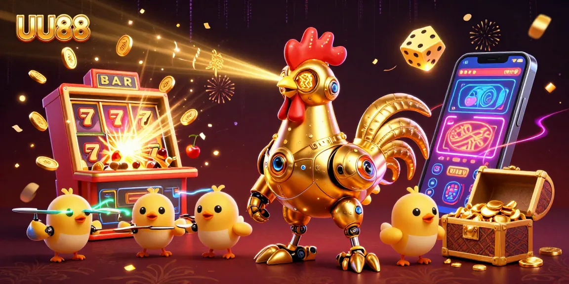 Experience exciting slots action at UU88 with a vibrant 3D casino scene bursting with gold coins and game elements.