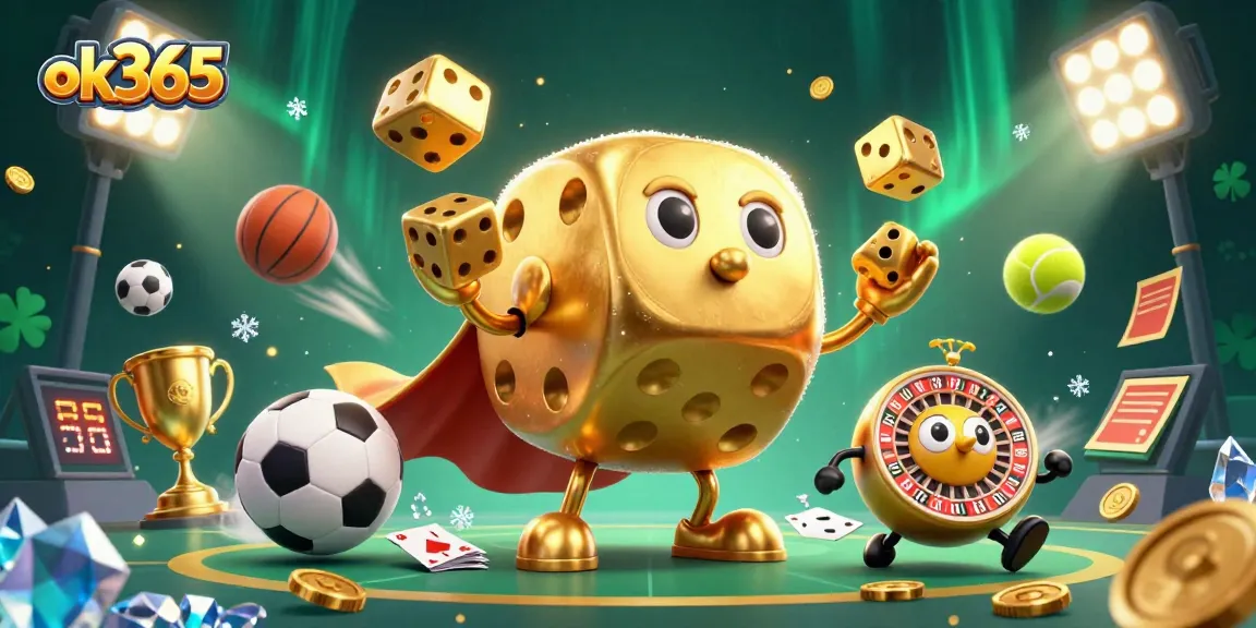 Engage with thrilling sports betting action at ok365, featuring dynamic golden dice and sports elements.