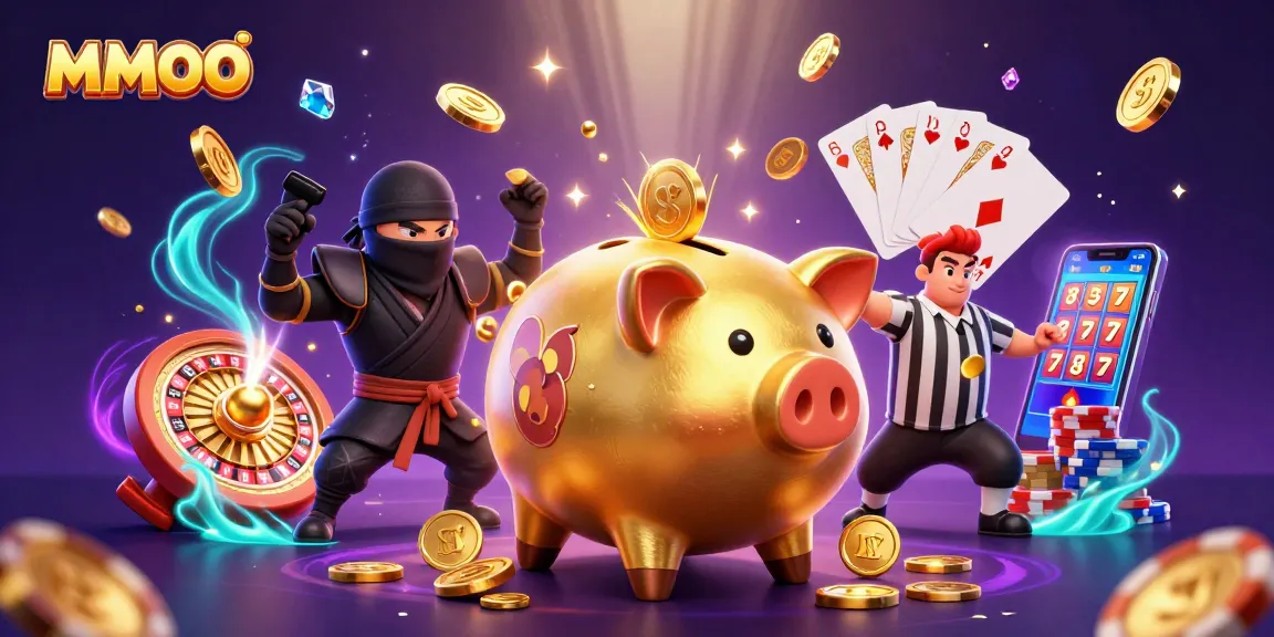 MMOO engages players with a lively casino battle featuring a piggy bank wrestler, coins flying.