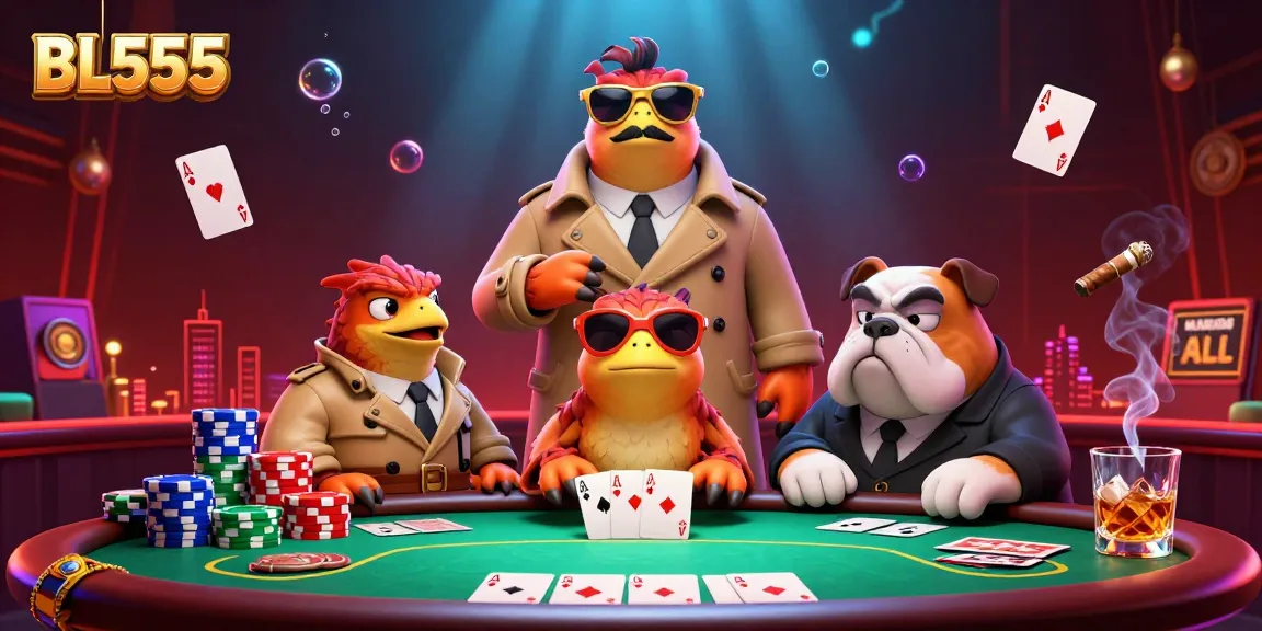 Three raptors disguised as a person enter VIP lounge at BL555 casino, surrounded by poker elements.