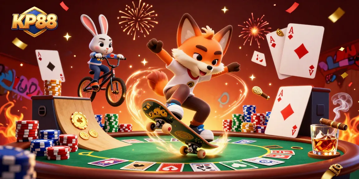Experience the excitement of KP88 with a vibrant 3D illustration showcasing a fox and rabbit in a thrilling casino atmosphere.