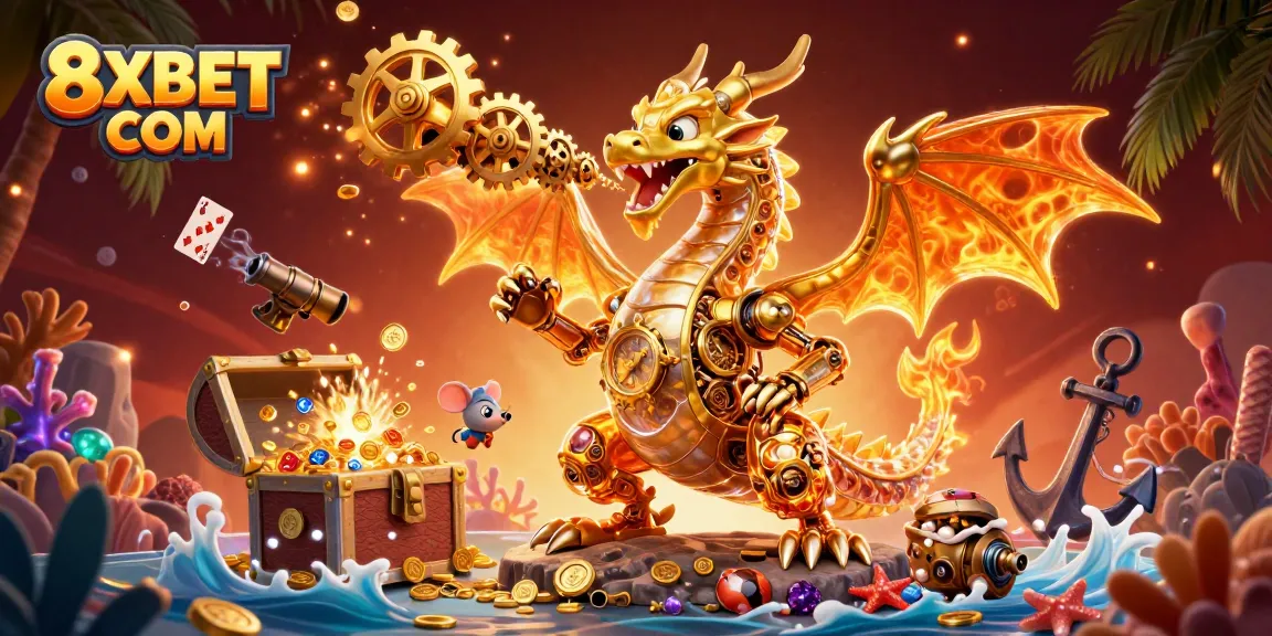 Bet on 8XBET COM with a vibrant illustration featuring a golden dragon and treasure.
