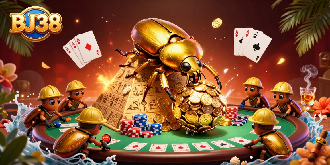 Engage with BJ38, featuring a golden beetle amidst casino treasures in a vibrant 3D illustration.