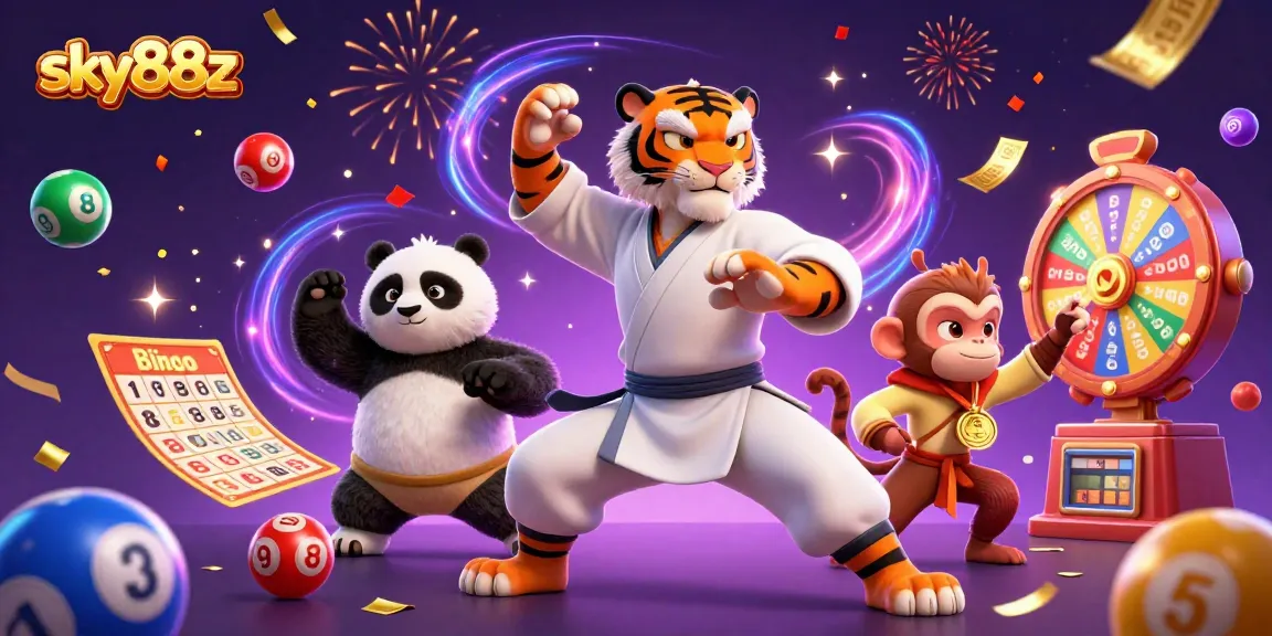 Engage in thrilling games with sky88z as vibrant lottery elements collide amidst animated casino characters.