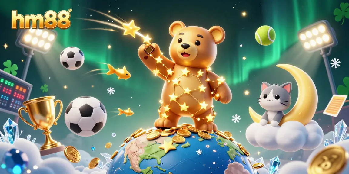 Experience the excitement of hm88 with a vibrant 3D casino scene of shooting star fish, a golden bear, and coins