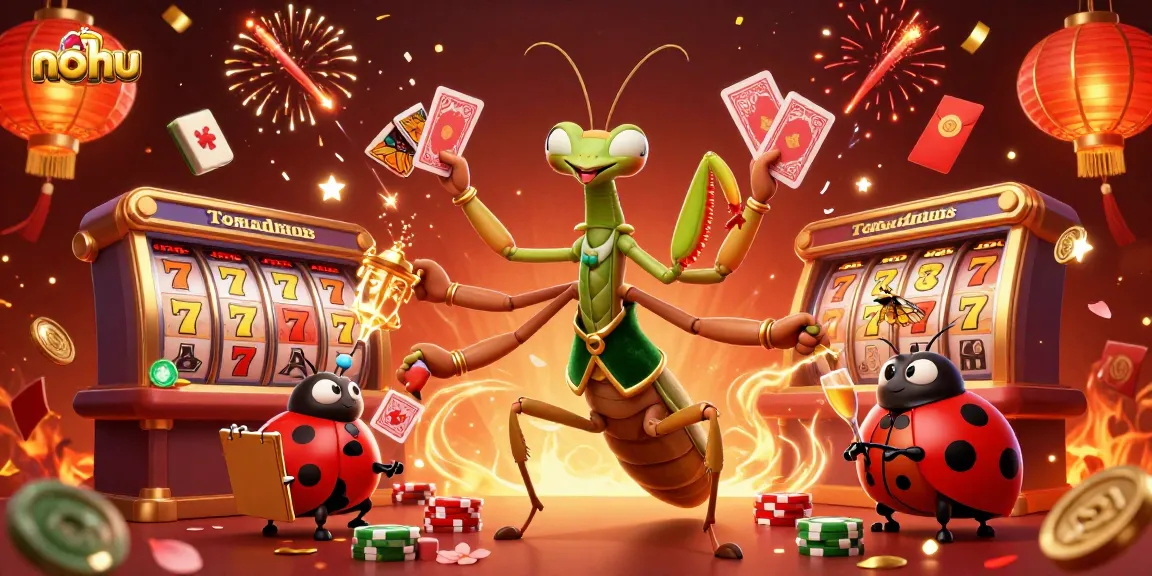 Nohu's vibrant gameplay features a giant mantis dealing cards and jackpot reels, creating excitement.