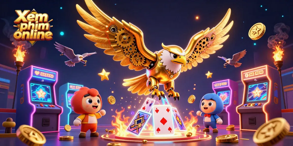 Xem phim online features a golden eagle diving through holographic cards in a vibrant casino scene.