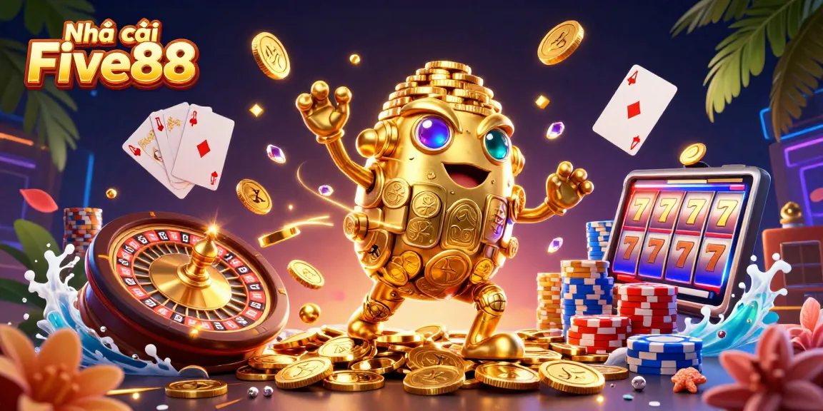 Join the adventure at Nhà cái Five88 with dynamic casino elements and captivating gold imagery.