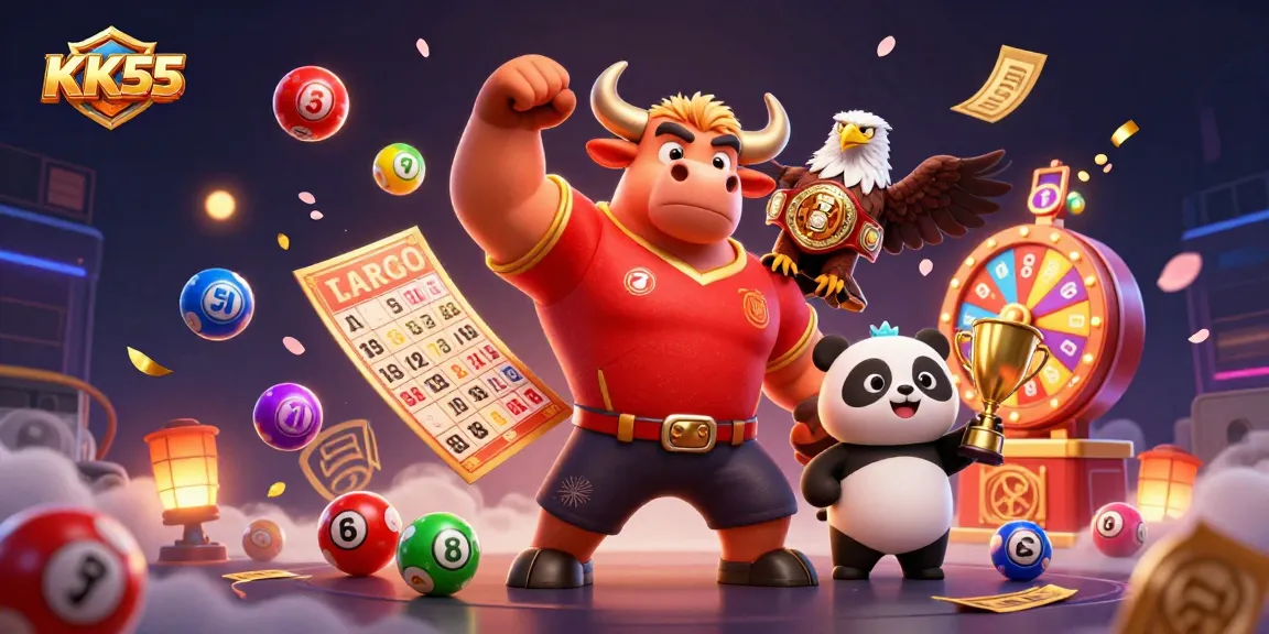 KK55 showcases an exciting 3D casino scene with vibrant game elements and characters celebrating wins.