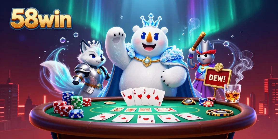 Experience dynamic poker action with 58win's 3D illustrated king polar bear and snow fox amidst vibrant casino elements.