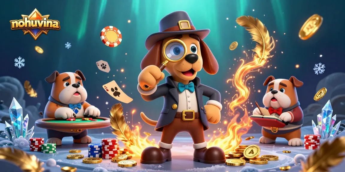 Engage with nohuvina's thrilling poker scene featuring a detective and bulldog companion amidst festive gambling elements.