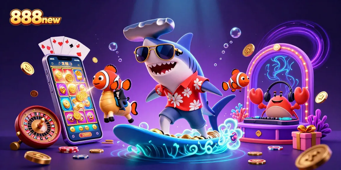 Experience thrilling gaming action with 888new's vibrant casino illustration featuring sharks and slot games