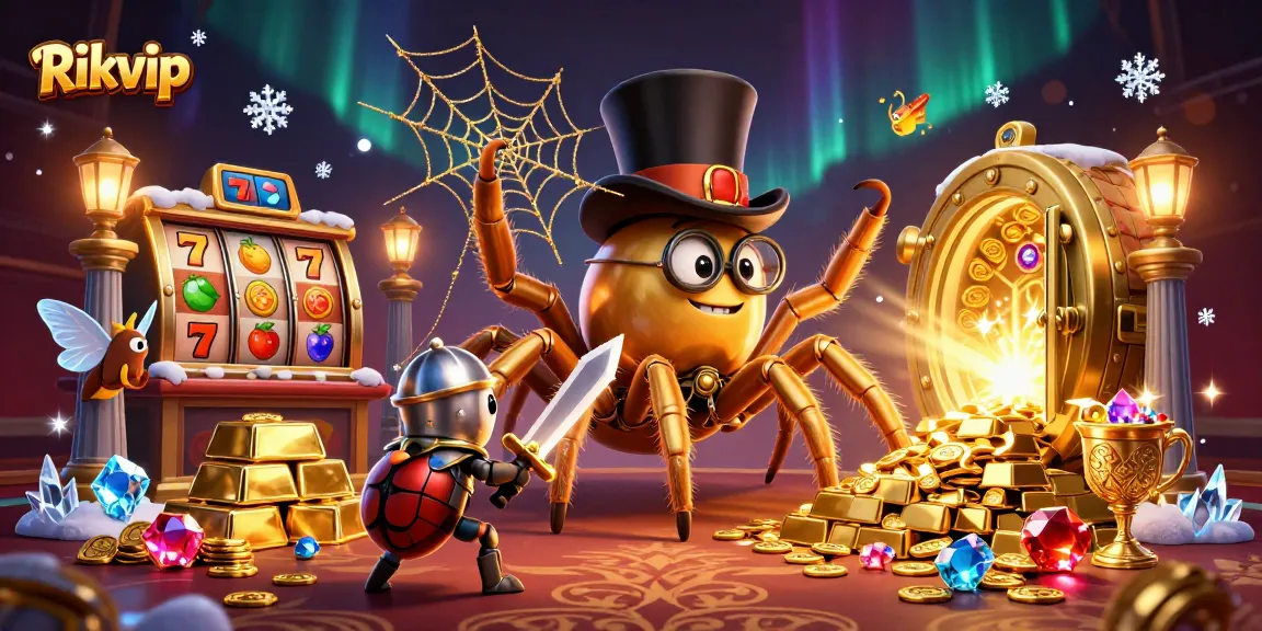Experience excitement at Rikvip with a giant golden tarantula and dynamic casino symbols.