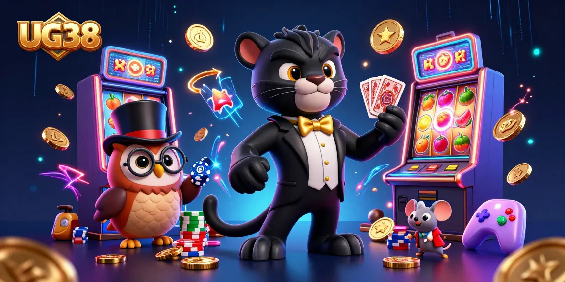 Engage in thrilling slot games featuring UG38 with vibrant spinning reels and charming characters.