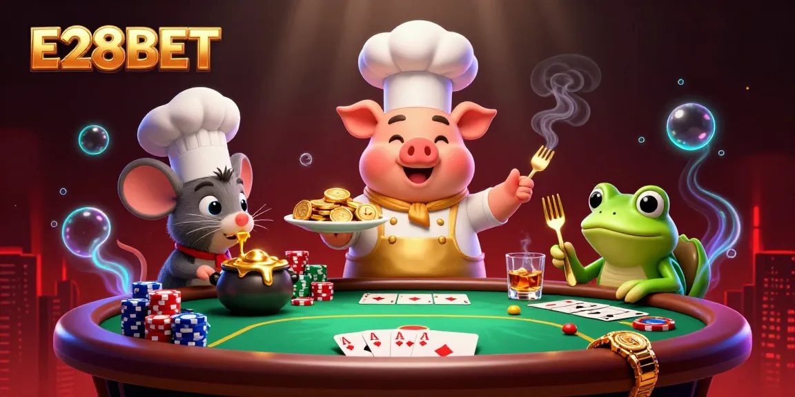 E28BET showcases a vibrant poker scene with characters serving gold coins, enhancing the gambling experience.