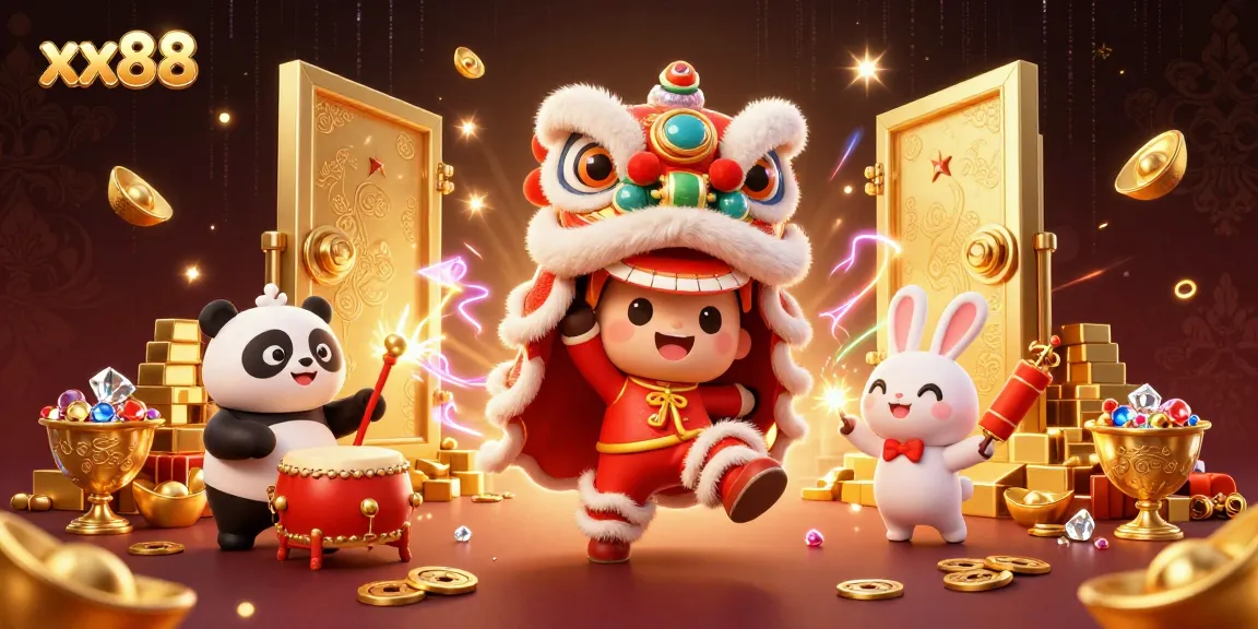 Experience the exciting world of xx88 with 3D cartoon lion dance and dynamic casino themes.