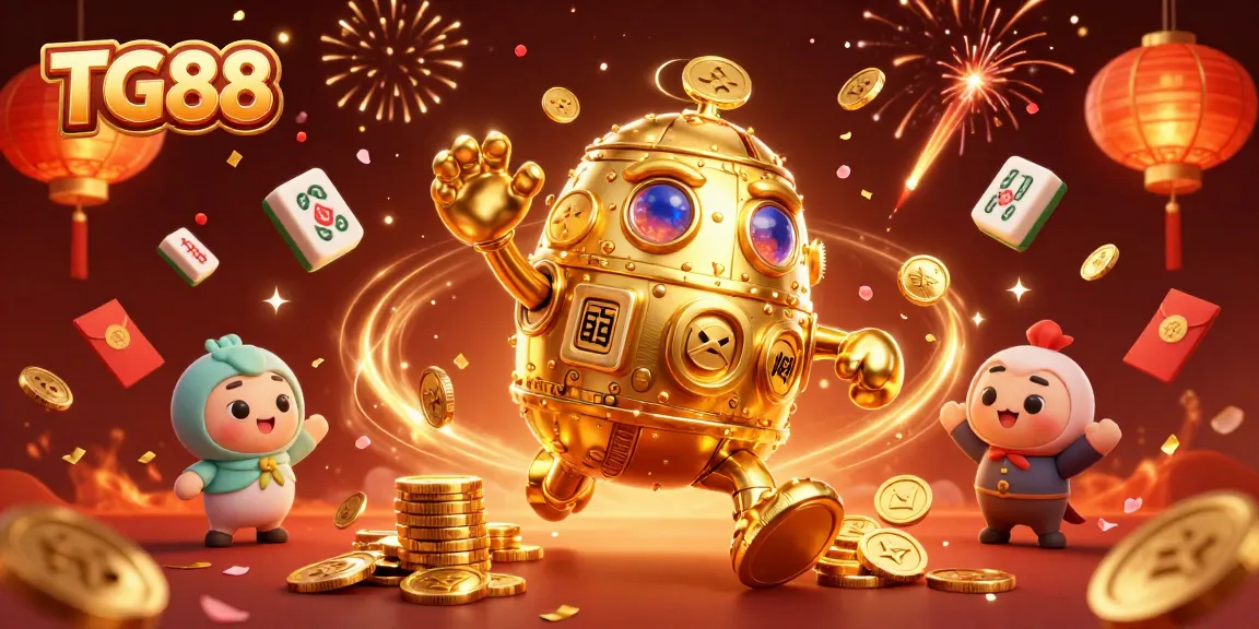 TG88 unleashes vibrant excitement with a golden golem and casino-themed elements in this animated illustration.