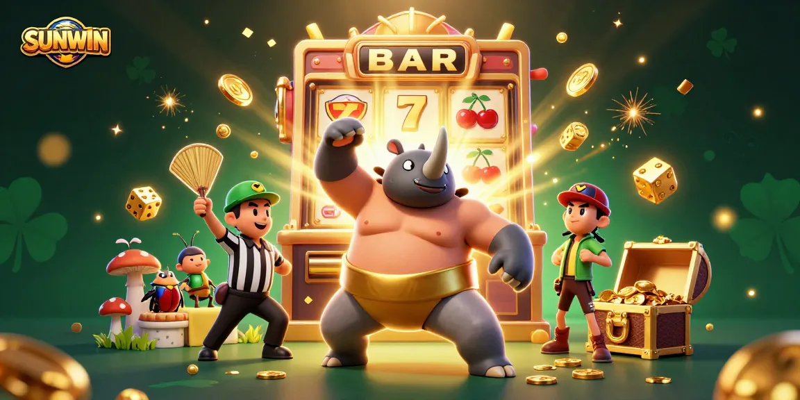 SUNWIN gaming experience with a cartoon beetle champion triumphing amid a dynamic casino scene full of coins, symbols, and celebrations.