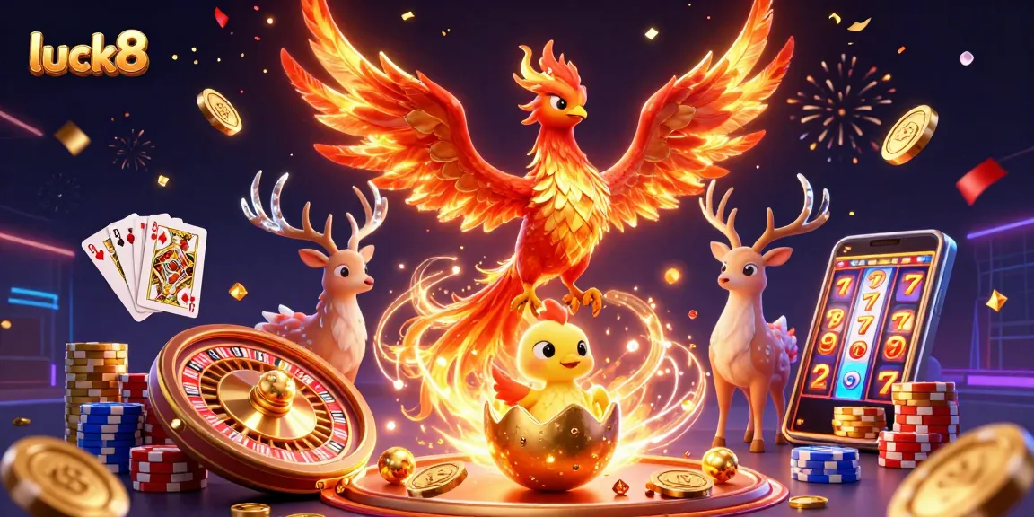 Engage with luck8's thrilling casino experience featuring vibrant phoenixes and dynamic game elements.