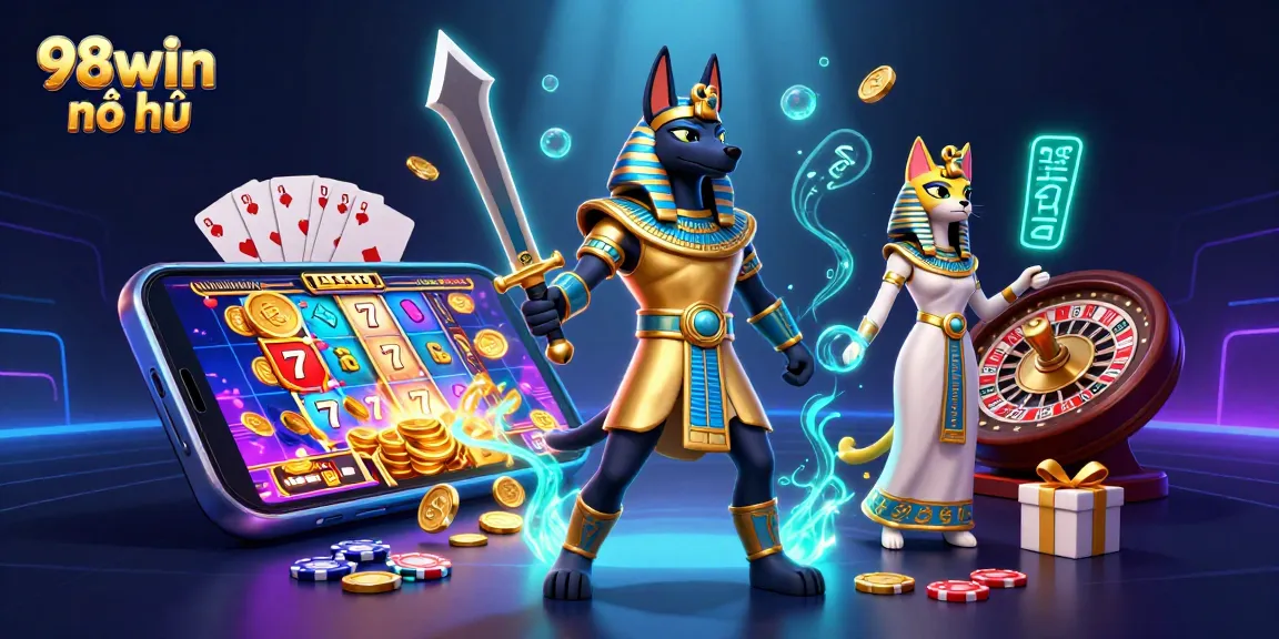 Celebrate wins with 98win nổ hũ in a vibrant 3D casino scene featuring Anubis and game elements.