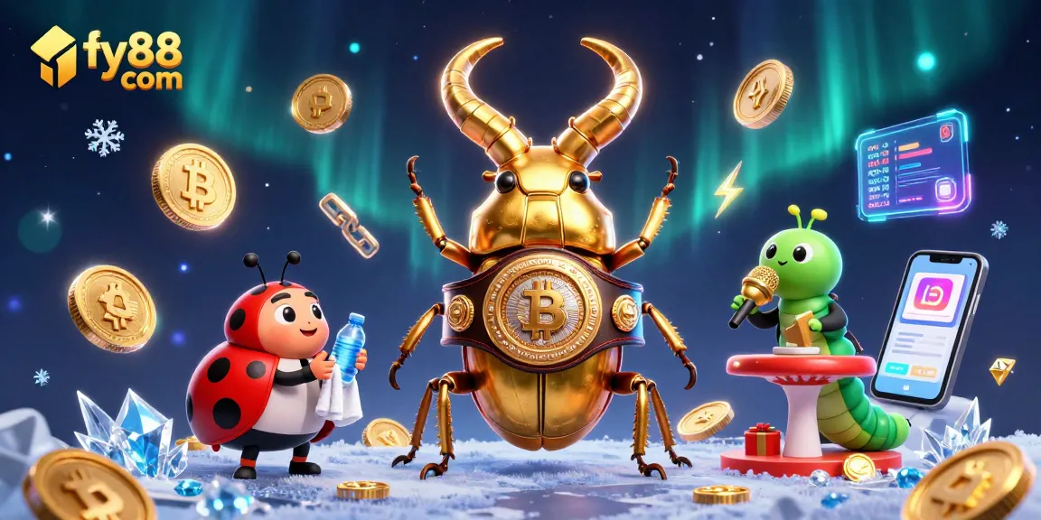 Engage in exciting wins at fly88 com with a vibrant 3D illustration of a boxing beetle and digital casino elements.