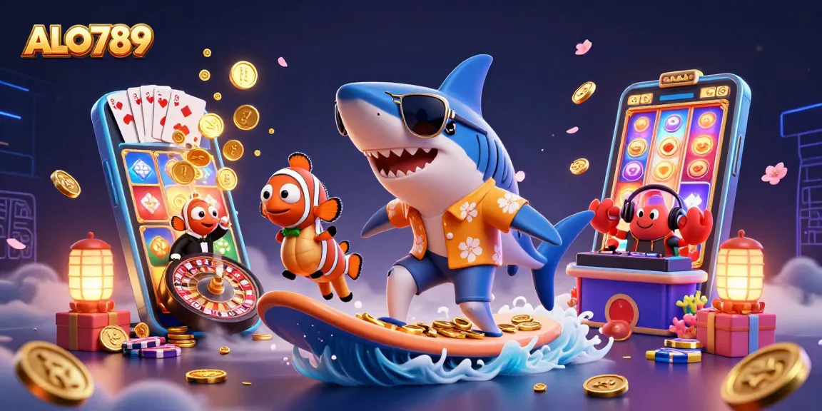 Experience ALO789's vibrant casino scene with a shark, fish, and crab living the excitement of online gambling.