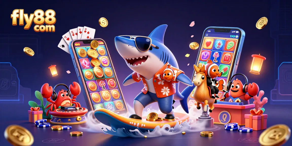 Engage with dynamic fly88 com gaming scene featuring a shark, clownfish, and crab in action.