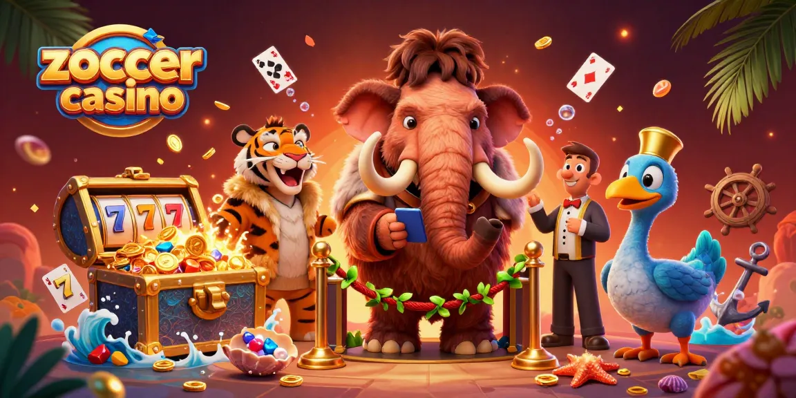 Zoccer Casino features a vibrant scene with a mammoth bouncer and exotic characters welcoming players to a high-stakes gaming experience.