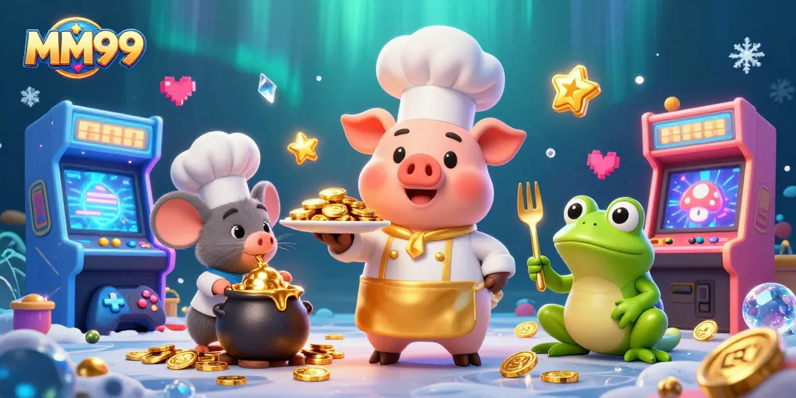 Engage with MM99's vibrant casino games featuring a chef pig, sous-chef mouse, and food critic frog.