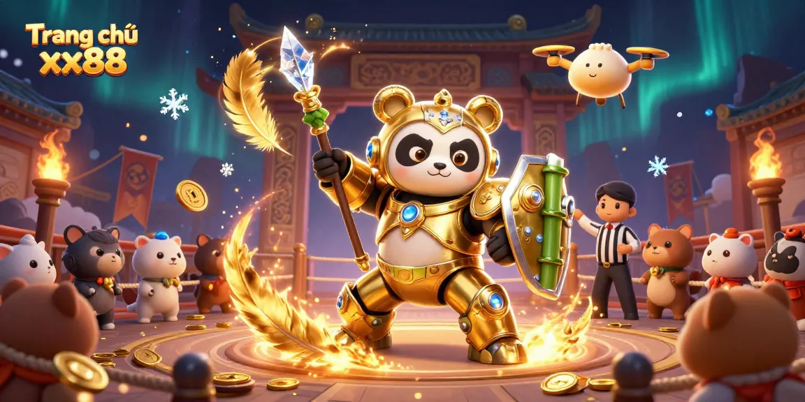 The 3D illustration showcases Trang chủ xx88 with a golden panda in a mech suit battling in a vibrant casino arena filled with energy.