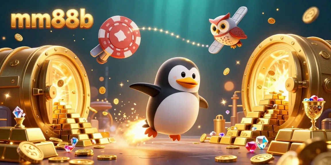 Experience the excitement of mm88b with a golden penguin flying towards a casino space station.