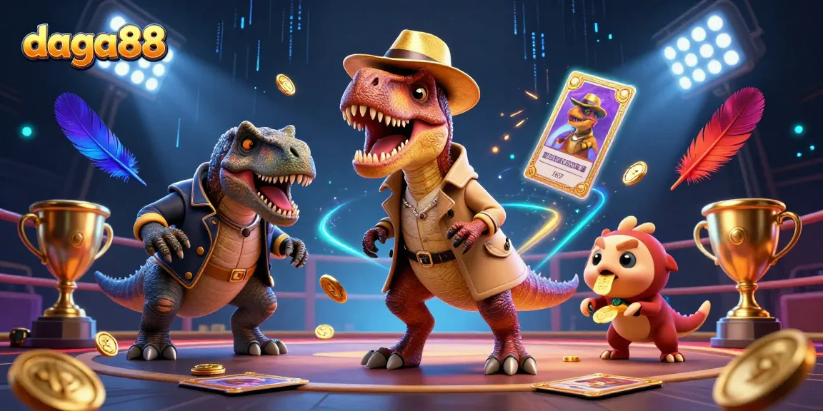 Dive into daga88 with a lively cockfighting scene featuring a clever velociraptor amidst dynamic action.