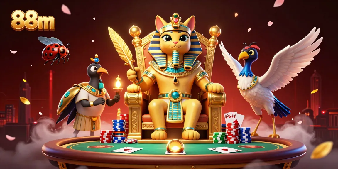 88m showcases an engaging cartoon scene with pharaoh cat at a poker table, inviting gamers.