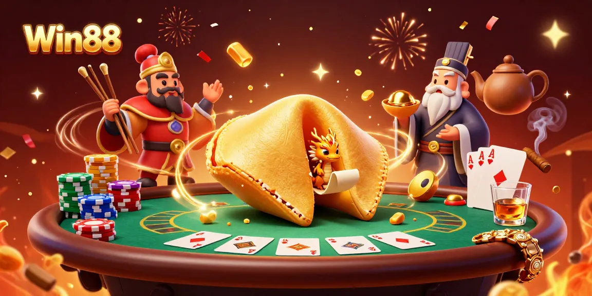 Win88 participants enjoying lively poker games with golden fortune cookies and fantasy elements
